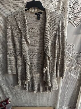 Style & Co. Heathered Beige Open-Front Ruffle Cardigan
